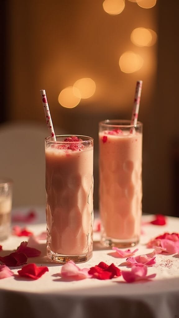 Romantic Valentine'S Day Smoothie 7 Two smoothies on a romantic table setting with rose petals under soft lighting