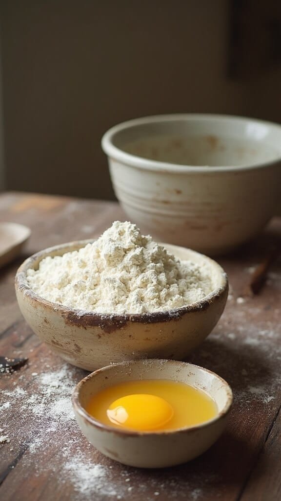 Perfect Keto Cornbread (Almond Flour Base) 3 Rustic kitchen setup with mixing bowls, almond flour and eggs under natural light