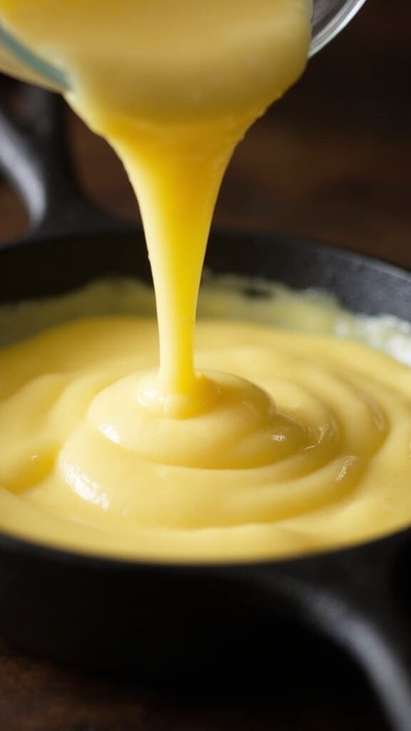 Perfect Keto Cornbread (Almond Flour Base) 4 Pouring golden batter into a buttery, glistening cast iron skillet