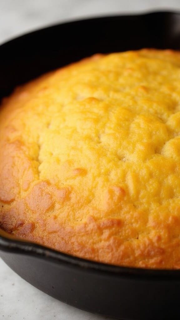 Perfect Keto Cornbread (Almond Flour Base) 5 Perfectly baked golden brown cornbread with crispy edges in a cast iron pan.