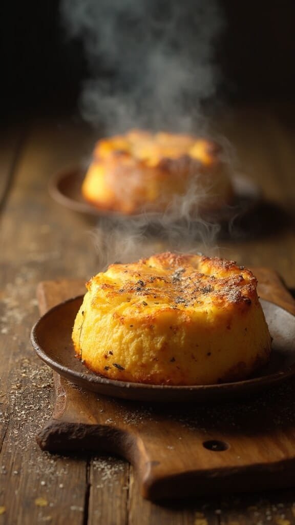 Perfect Keto Cornbread (Almond Flour Base) 6 Steam rising from freshly baked cornbread on a rustic wooden surface