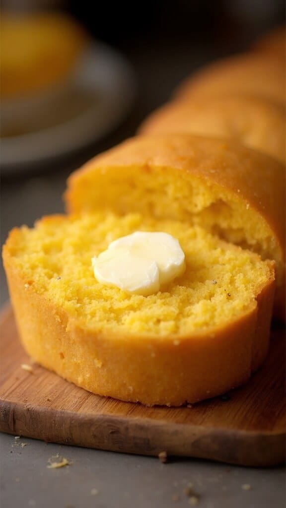 Perfect Keto Cornbread (Almond Flour Base) 7 Sliced keto cornbread with a pat of melting butter under warm lighting