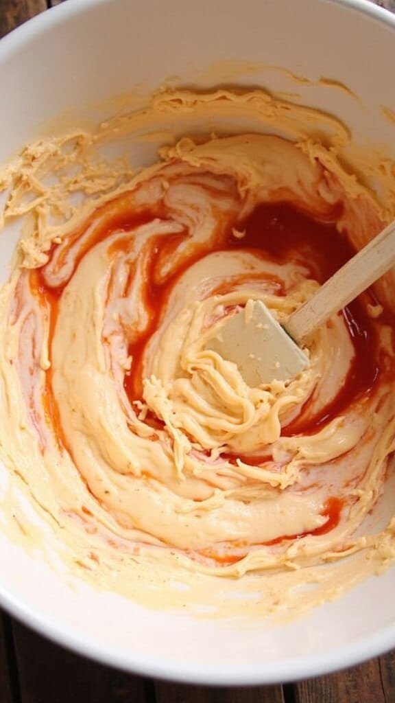 Buffalo Chicken Dip With Celery Sticks 4 Mixing bowl with creamy buffalo sauce and soft cream cheese creating swirling patterns
