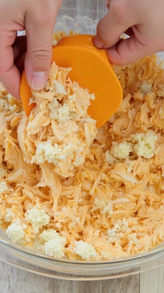 Buffalo Chicken Dip With Celery Sticks 5 Shredded chicken being mixed into an orange creamy mixture with blue cheese crumbles