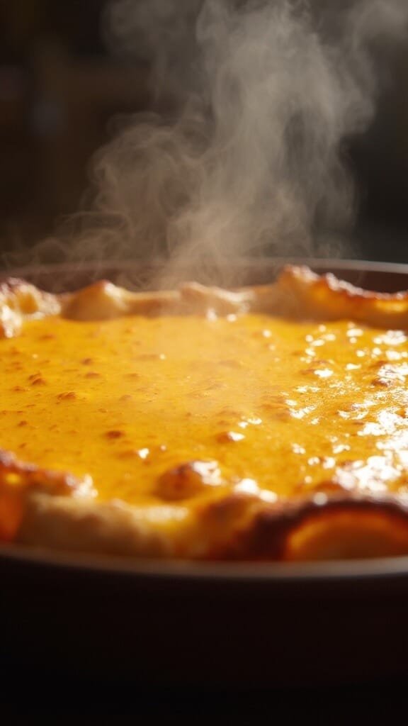 Buffalo Chicken Dip With Celery Sticks 6 Bubbling golden buffalo dip in baking dish with browned edges and melted cheese surface, steam rising.