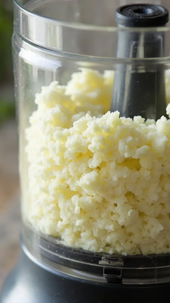 Low-Carb Shrimp Étouffée With Cauliflower Rice 3 Pulsing fresh white cauliflower florets in a food processor under bright kitchen lighting