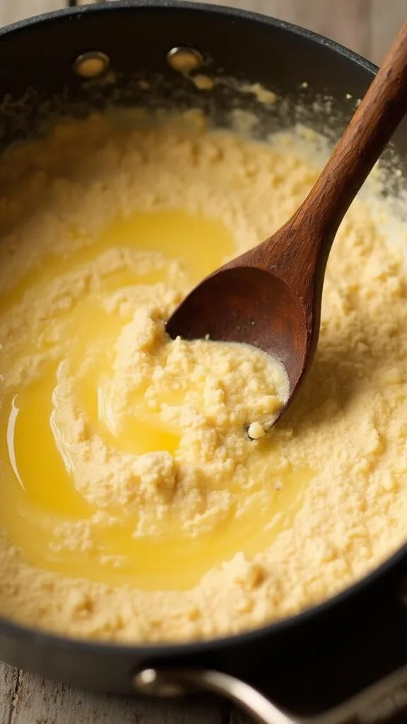 Low-Carb Shrimp Étouffée With Cauliflower Rice 4 Golden roux formation of butter and flour swirling in a dutch oven, achieving a peanut butter color, stirred with a wooden spoon.