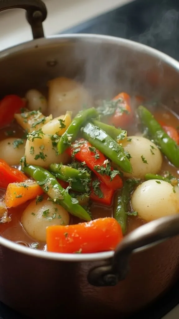 Low-Carb Shrimp Étouffée With Cauliflower Rice 5 Colorful vegetables including onions, celery and peppers sautéing in a copper pot with steam rising