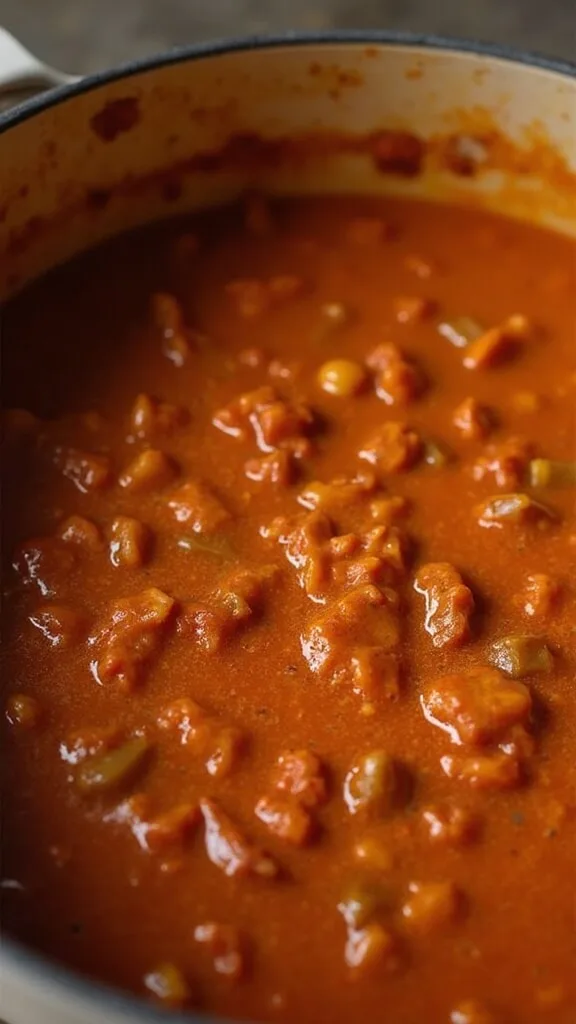 Low-Carb Shrimp Étouffée With Cauliflower Rice 6 Rich etouffee sauce simmering in a pot, showcasing a deep reddish-brown color and gentle bubbles
