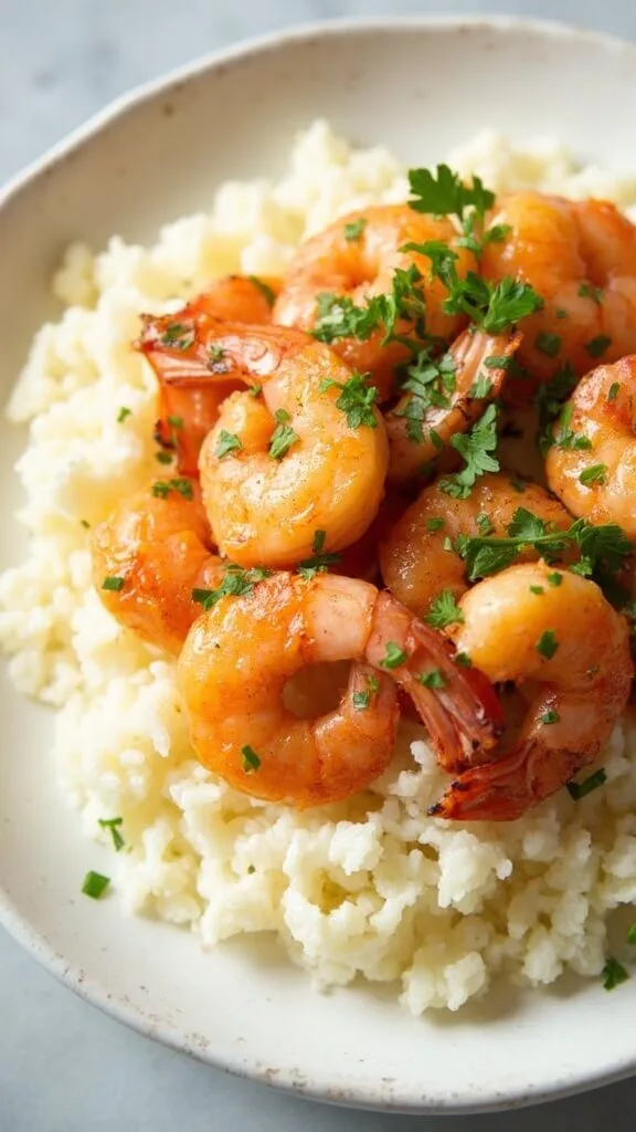 Low-Carb Shrimp Étouffée With Cauliflower Rice 7 Dish of pink curled shrimp served over white cauliflower rice, garnished with parsley