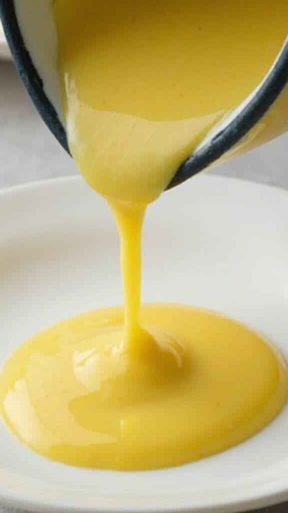 Keto Eggs Benedict With Cauliflower Hash Browns 4 Stream of smooth, pale yellow hollandaise sauce pouring from a blender
