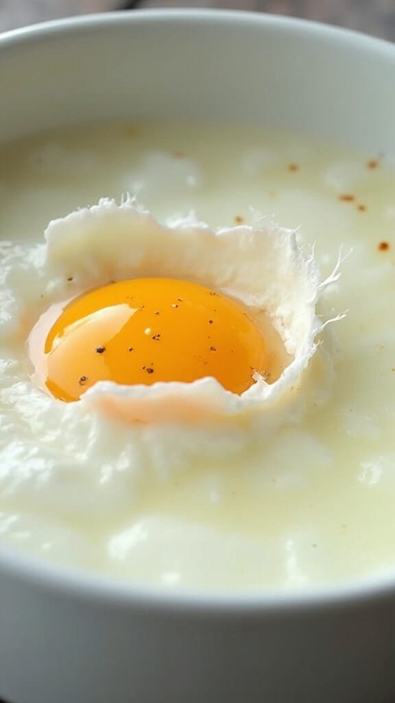 Keto Eggs Benedict With Cauliflower Hash Browns 5 Perfectly poached egg swirling in simmering water with delicate whites