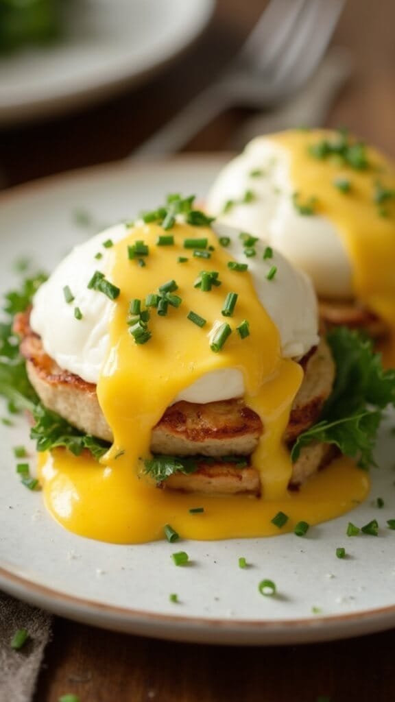 Keto Eggs Benedict With Cauliflower Hash Browns 7 Eggs benedict with runny yolk and hollandaise sauce, garnished with chives