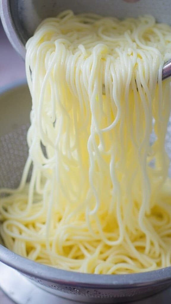 Keto Shirataki Fettuccine Alfredo 3 Shirataki noodles being drained in a colander with water streaming down