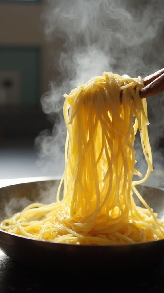 Keto Shirataki Fettuccine Alfredo 4 Noodles drying in a nonstick pan with steam rising