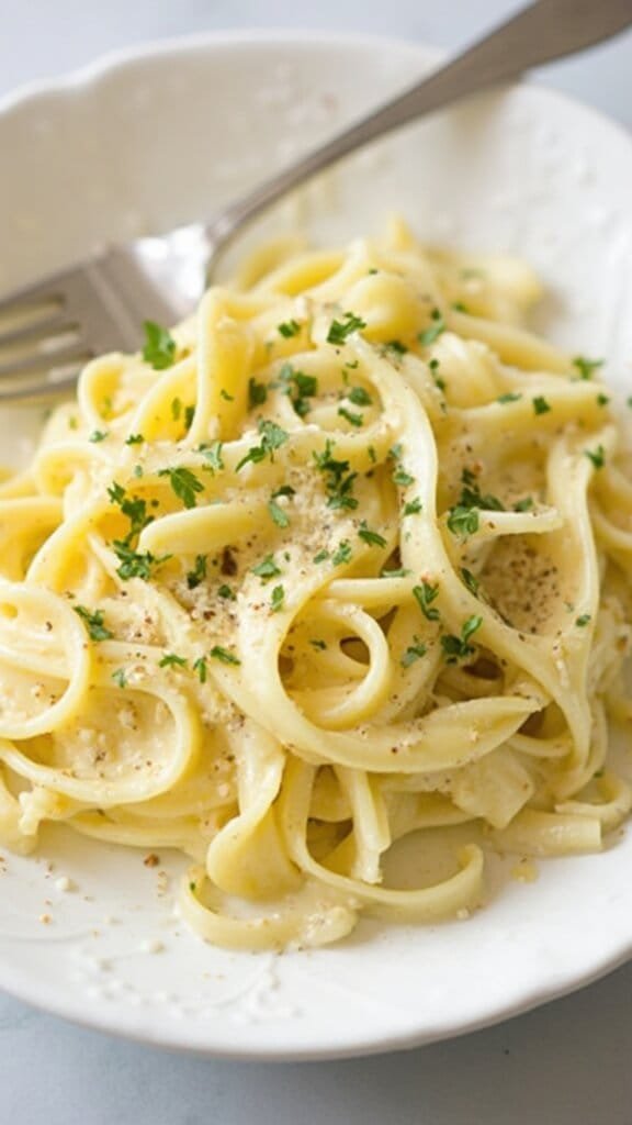 Keto Shirataki Fettuccine Alfredo 7 Final plated fettuccine alfredo garnished and swirled, numbered 1234.