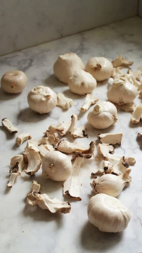 Creamy Spinach And Cheese Stuffed Mushrooms 3 Raw mushrooms and various ingredients scattered on a marble countertop under natural lighting