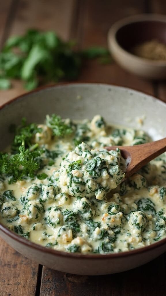 Creamy Spinach And Cheese Stuffed Mushrooms 4 Creamy cheese and spinach filling in a mixing bowl with a wooden spoon on a rustic kitchen table.