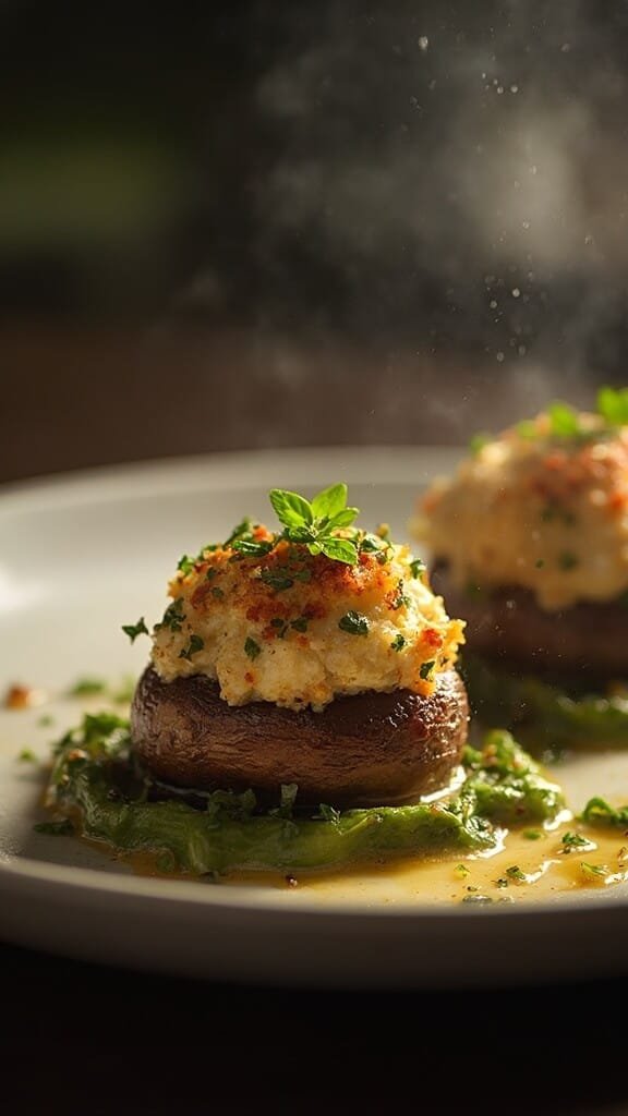 Creamy Spinach And Cheese Stuffed Mushrooms 7 Garnished stuffed mushrooms on a plate under dramatic lighting