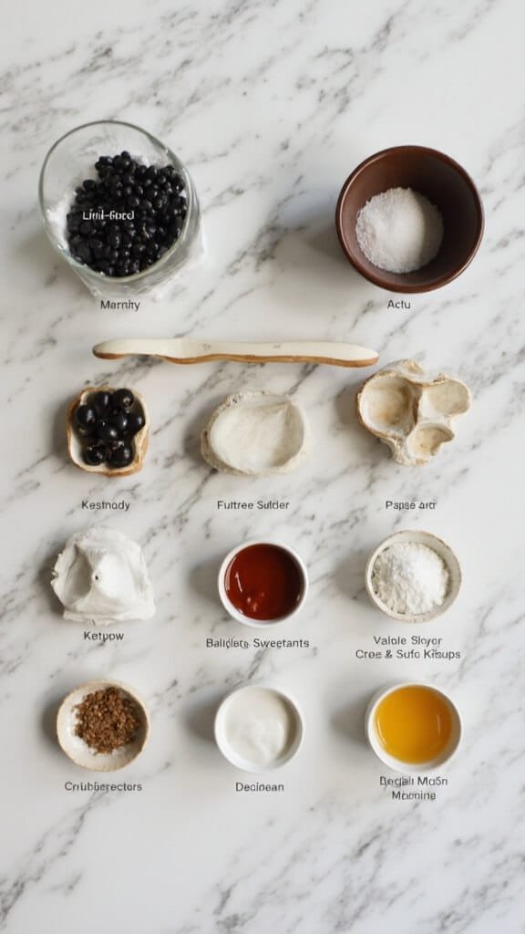 Low-Carb Baked Beans (Keto-Friendly Black Soybean Recipe) 3 Ingredients for a keto recipe including black soybeans, keto ketchup, and monk fruit sweetener, arranged on a white marble counter with measuring spoons, illuminated by natural window light