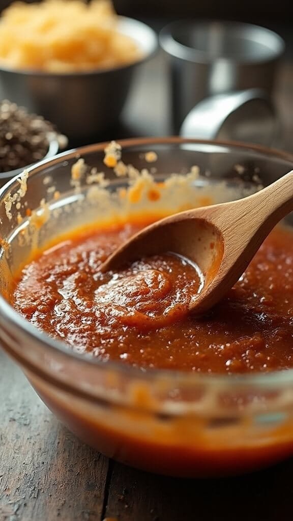 Low-Carb Baked Beans (Keto-Friendly Black Soybean Recipe) 4 Glass bowl with rich brown sauce ingredients being mixed with wooden spoon, stainless steel measuring cups nearby, in softly lit kitchen