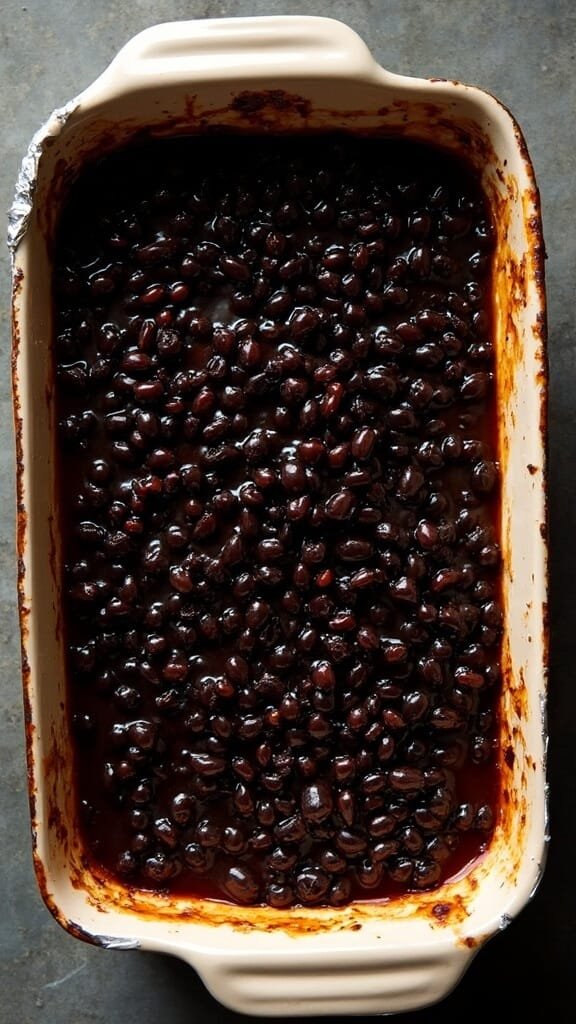 Low-Carb Baked Beans (Keto-Friendly Black Soybean Recipe) 5 Black soybeans in a ceramic dish coated with glossy sauce under warm overhead lighting