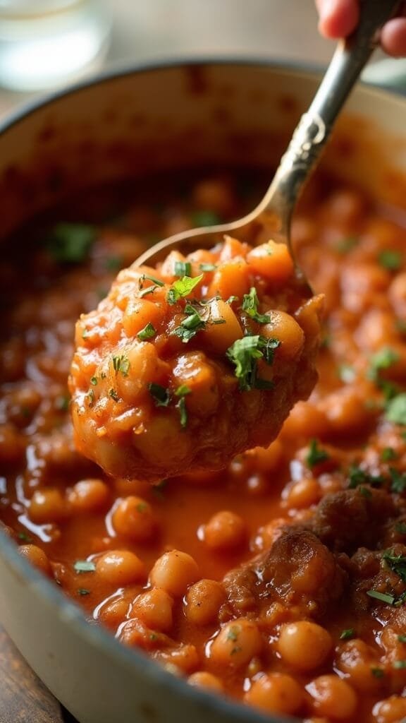 Low-Carb Baked Beans (Keto-Friendly Black Soybean Recipe) 7 Keto baked beans in a thick glossy sauce, garnished with fresh herbs, with a serving spoon resting in the dish under golden hour light