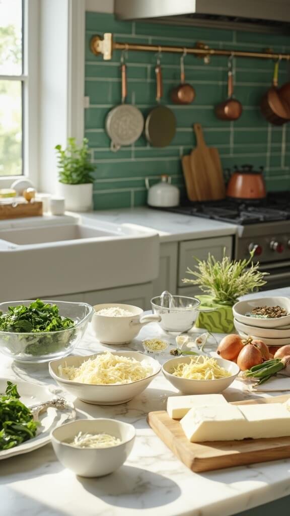 Ultimate Keto Spinach &Amp; Artichoke Dip 3 Ingredients for spinach artichoke dish artfully arranged in a modern kitchen with warm lighting