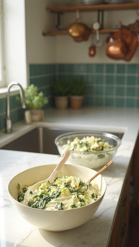 Ultimate Keto Spinach &Amp; Artichoke Dip 4 Whipped cream cheese mixture with spinach and artichokes in a cream-colored bowl in a modern kitchen with green subway tile backsplash