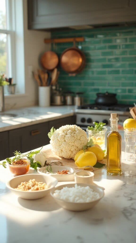 Easy Keto Hummus (Cauliflower Or Zucchini Base) 3 Fresh ingredients including cauliflower, lemons, garlic, tahini, olive oil, and spices arranged on a modern kitchen counter with professional cookware and utensils