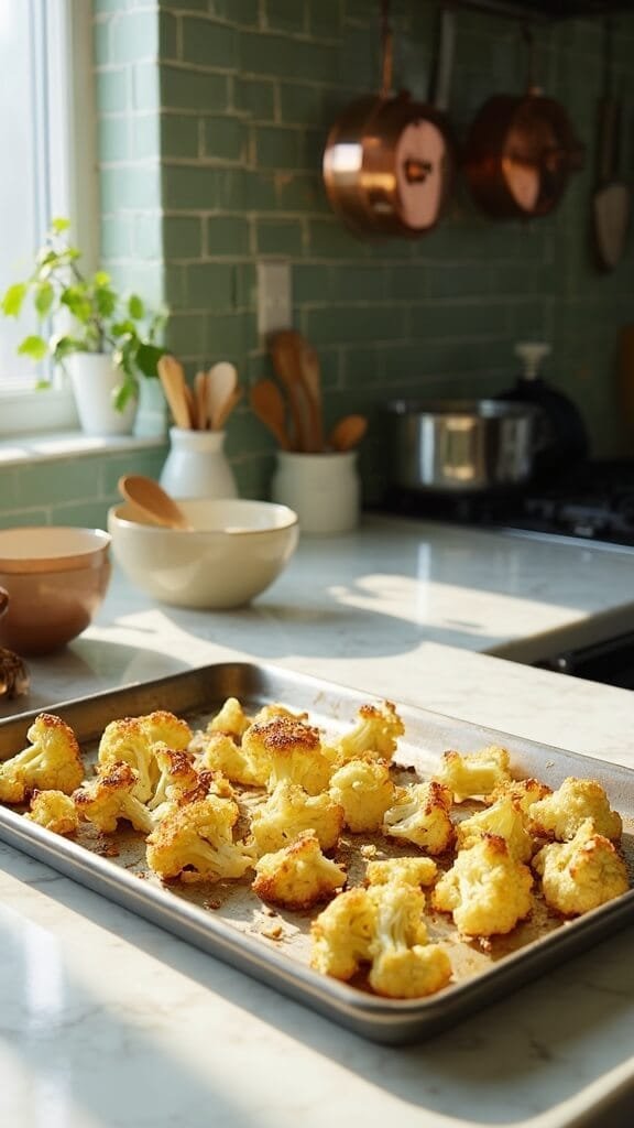 Easy Keto Hummus (Cauliflower Or Zucchini Base) 4 Golden-brown roasted cauliflower on a professional stainless steel baking sheet in a modern kitchen with natural sunlight