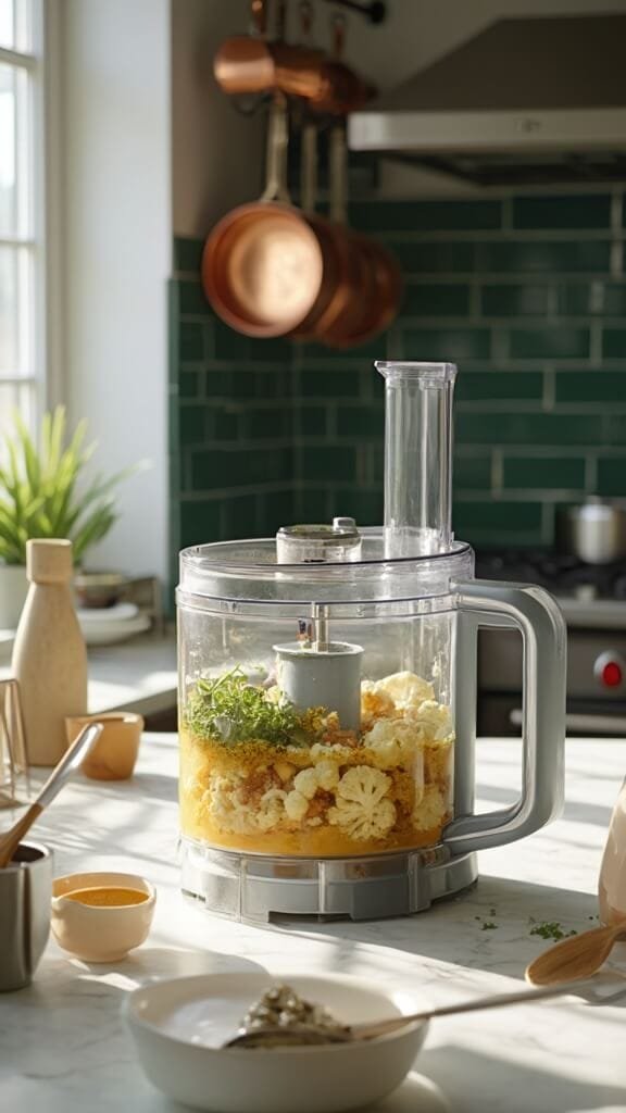 Easy Keto Hummus (Cauliflower Or Zucchini Base) 5 High-end food processor with roasted cauliflower and tahini on a marble countertop in a modern kitchen with soft natural light