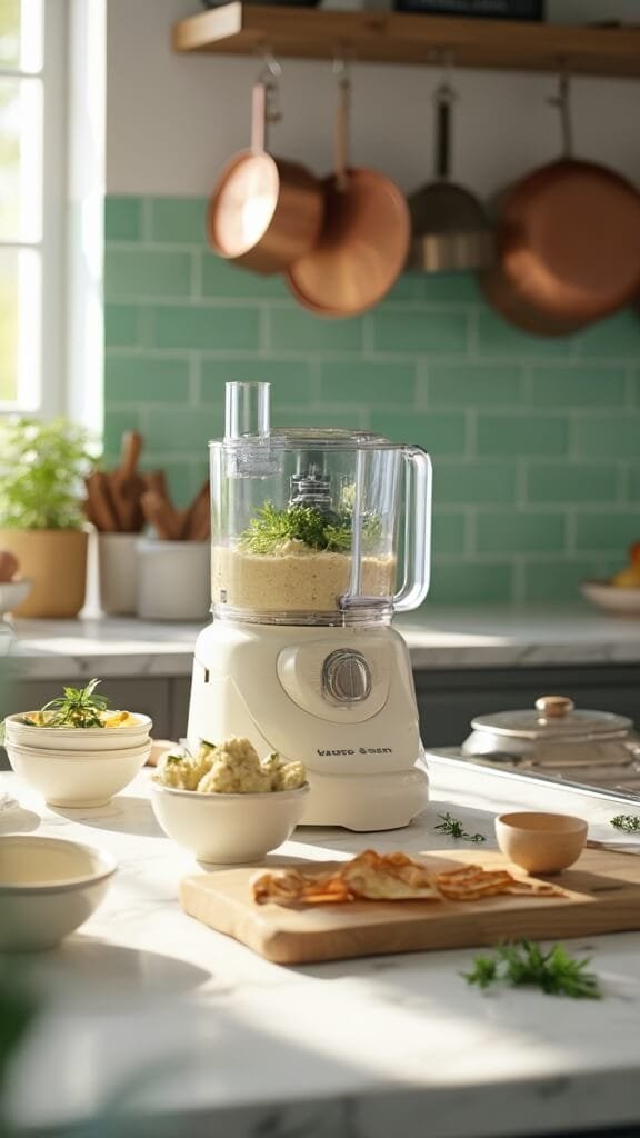 Easy Keto Hummus (Cauliflower Or Zucchini Base) 6 Professional food photography of creamy hummus in a food processor in a modern kitchen with green subway tile backsplash and copper pots
