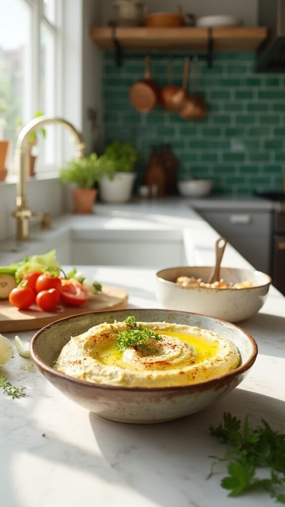 Easy Keto Hummus (Cauliflower Or Zucchini Base) 7 Keto hummus in an artisanal bowl on a modern kitchen countertop, drizzled with olive oil and sprinkled with paprika, surrounded by fresh vegetable crudités, wooden utensils, and cream-colored ceramic prep bowls.