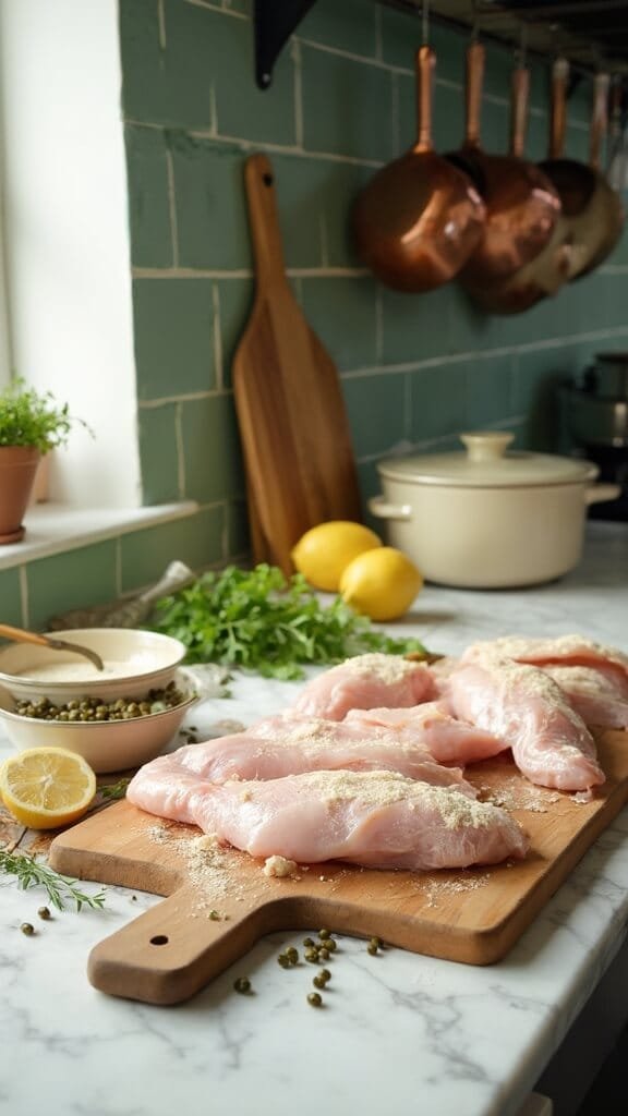 Classic Chicken Piccata With Lemon Butter Sauce 3 Raw chicken breasts on a wooden cutting board in a modern kitchen, next to a bowl of flour mixture, with capers, fresh parsley, and lemons in the background.