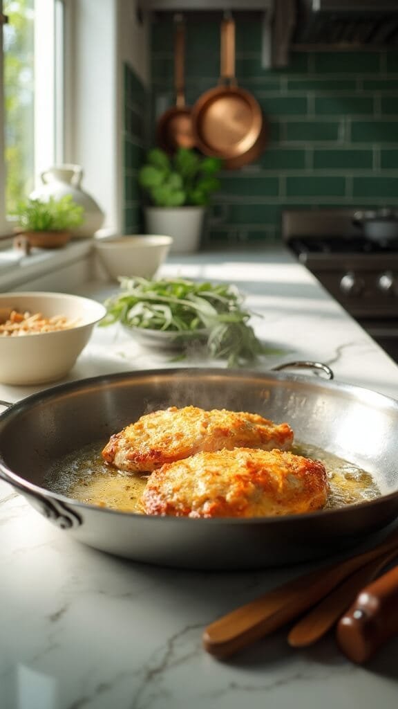Classic Chicken Piccata With Lemon Butter Sauce 4 Golden-brown chicken cutlets cooking in a stainless steel skillet on a marble countertop in a modern kitchen