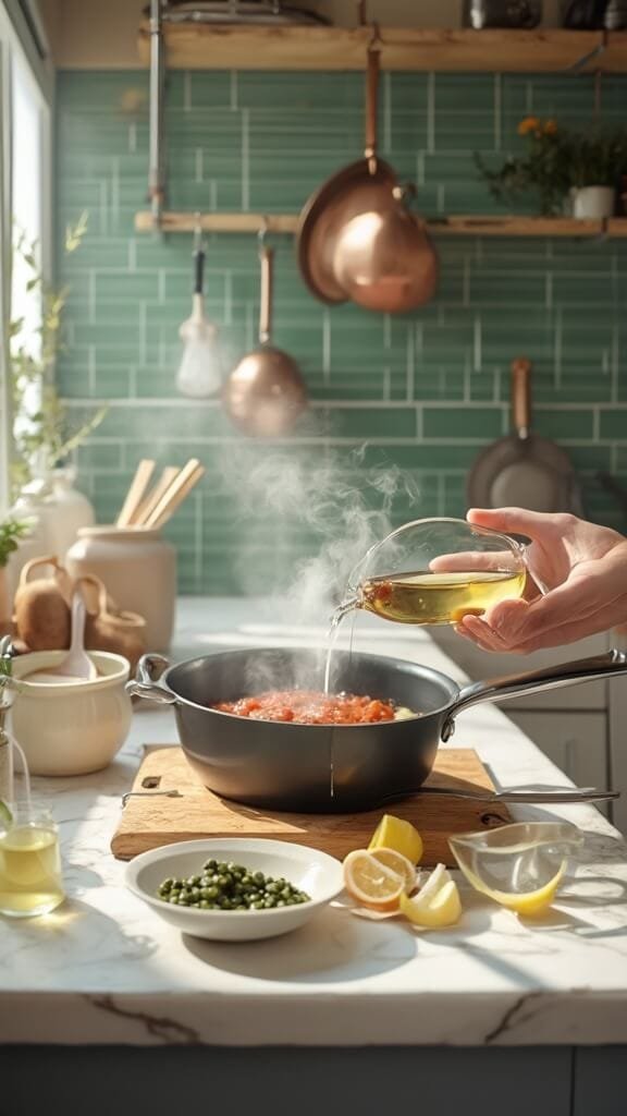 Classic Chicken Piccata With Lemon Butter Sauce 5 Professional food photography of sauce preparation in a modern kitchen, featuring deglazing pan with white wine, minced garlic, capers, and lemon juice squeezed from a wooden citrus press.