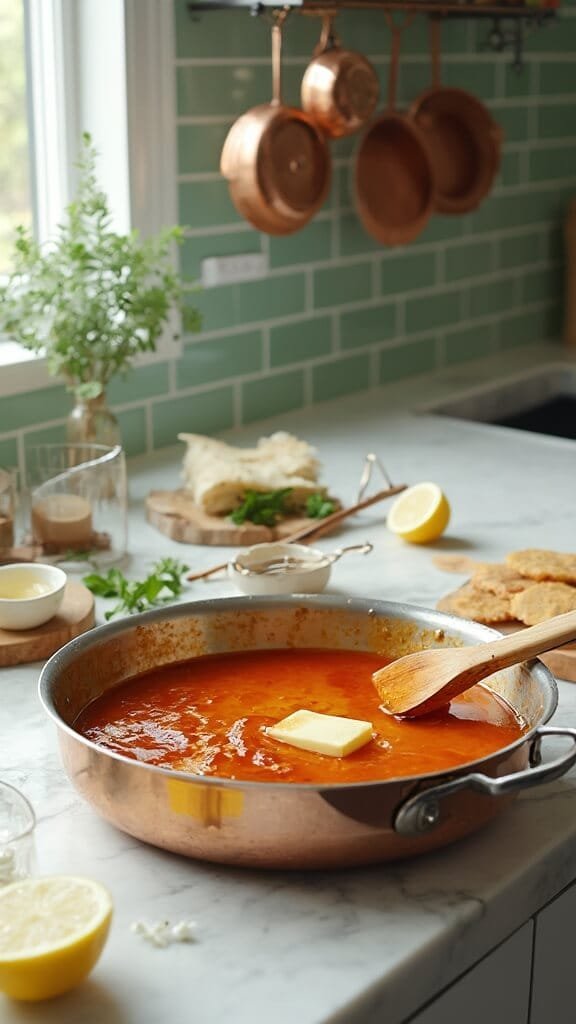 Classic Chicken Piccata With Lemon Butter Sauce 6 Professional kitchen scene with sauce reducing in a pan, surrounded by modern cookware and utensils, under natural daylight streaming from a window
