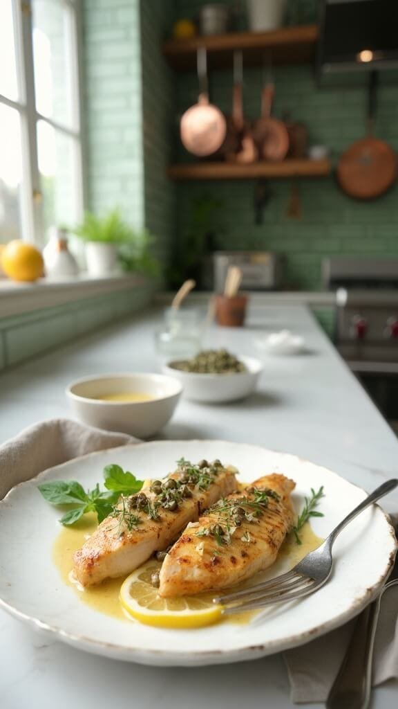Classic Chicken Piccata With Lemon Butter Sauce 7 Plated chicken piccata with lemon-caper sauce on a white ceramic plate in a modern kitchen with stainless steel appliances and green subway tiles.