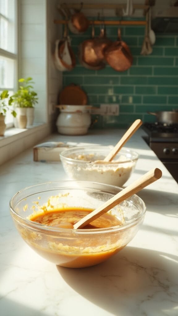 No-Sugar Apple Cider Donuts (Almond Flour) 4 Professional food photography in a modern kitchen with wooden utensils and mixing bowls, batter being folded with a wooden spoon, illuminated by natural daylight from a large window
