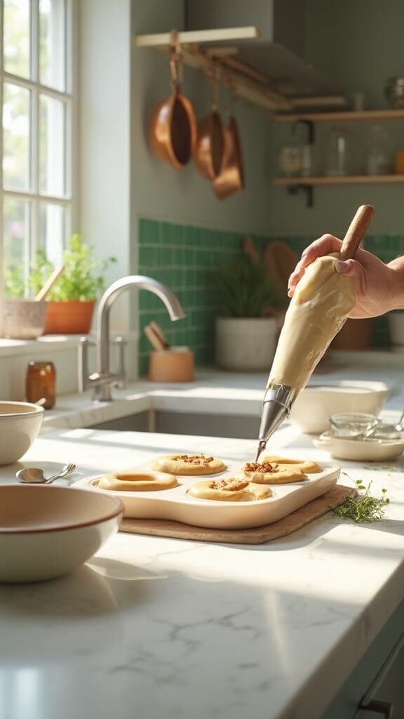 No-Sugar Apple Cider Donuts (Almond Flour) 5 Professional food photography in a modern kitchen with white marble countertops and stainless steel appliances, featuring a silicone donut pan being filled with batter using a piping bag.