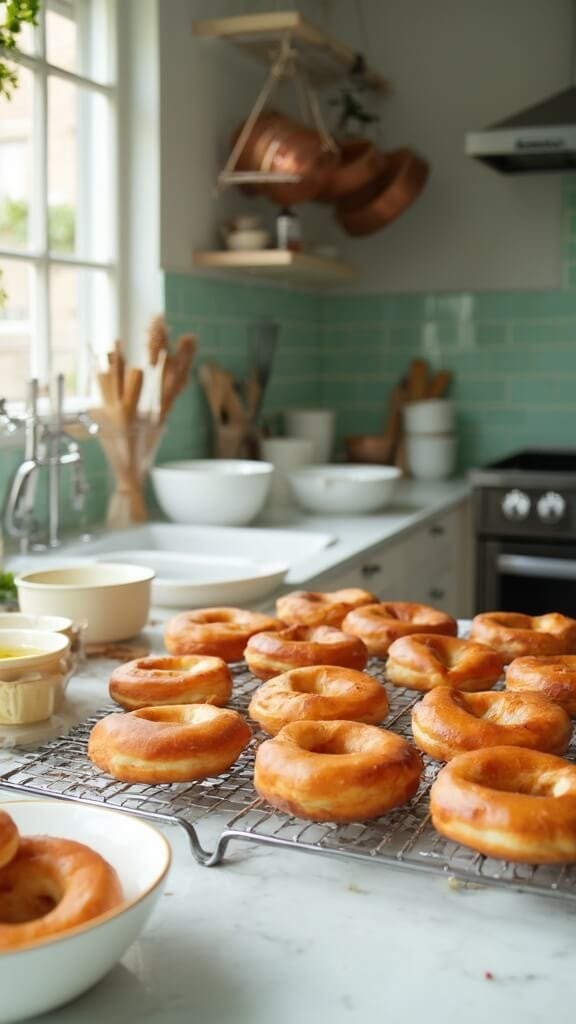 No-Sugar Apple Cider Donuts (Almond Flour) 6 Fresh-baked donuts on wire rack in modern kitchen with white marble countertops and green subway tile backsplash under natural daylight