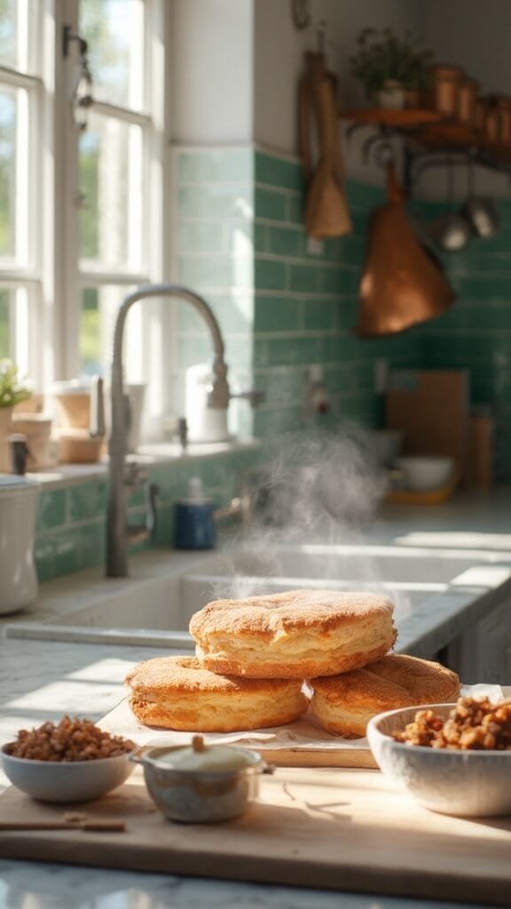 No-Sugar Apple Cider Donuts (Almond Flour) 7 Three warm donuts on a rustic wooden board in a modern kitchen, with a bowl of cinnamon-monk fruit mixture nearby and soft natural daylight casting shadows.