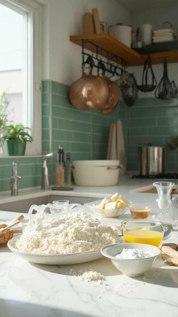 Flaky Keto Pie Crust - Perfect Every Time 3 Ingredients for baking in a modern, naturally lit kitchen with green subway tiles, white marble countertops, and stainless steel appliances