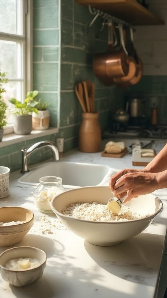 Flaky Keto Pie Crust - Perfect Every Time 4 Professional food photography of pastry cutter mixing butter into flour in a modern kitchen with white marble countertops, green subway tile backsplash, and copper pot rack