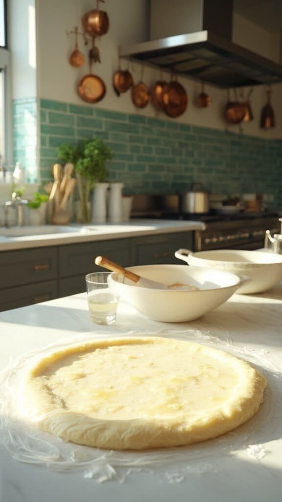 Flaky Keto Pie Crust - Perfect Every Time 5 Keto pie dough wrapped in clear plastic wrap on a modern kitchen counter with wooden utensils and cream-colored ceramic bowls