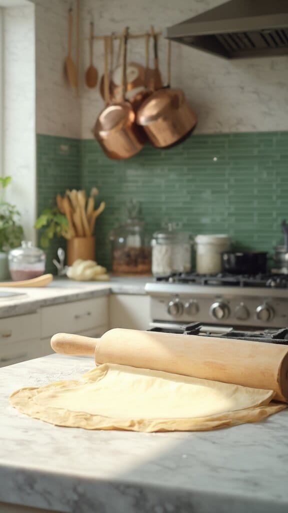 Flaky Keto Pie Crust - Perfect Every Time 6 Chilled dough being rolled on marble countertop in a modern kitchen with wooden utensils and cream-colored ceramics