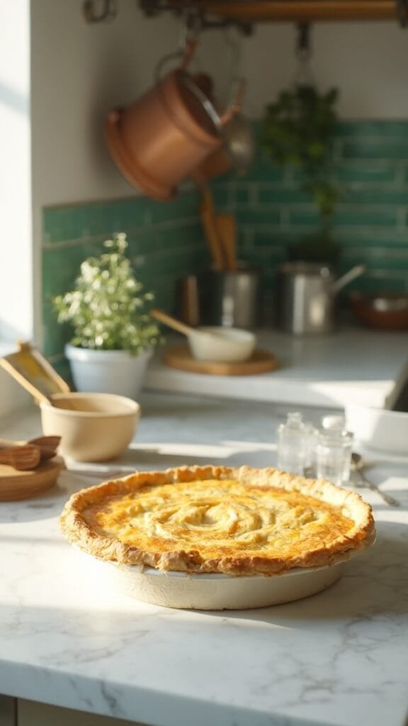 Flaky Keto Pie Crust - Perfect Every Time 7 Golden-brown keto pie crust in a modern kitchen with green subway tile backsplash, wooden utensils, and cream-colored ceramic prep bowls