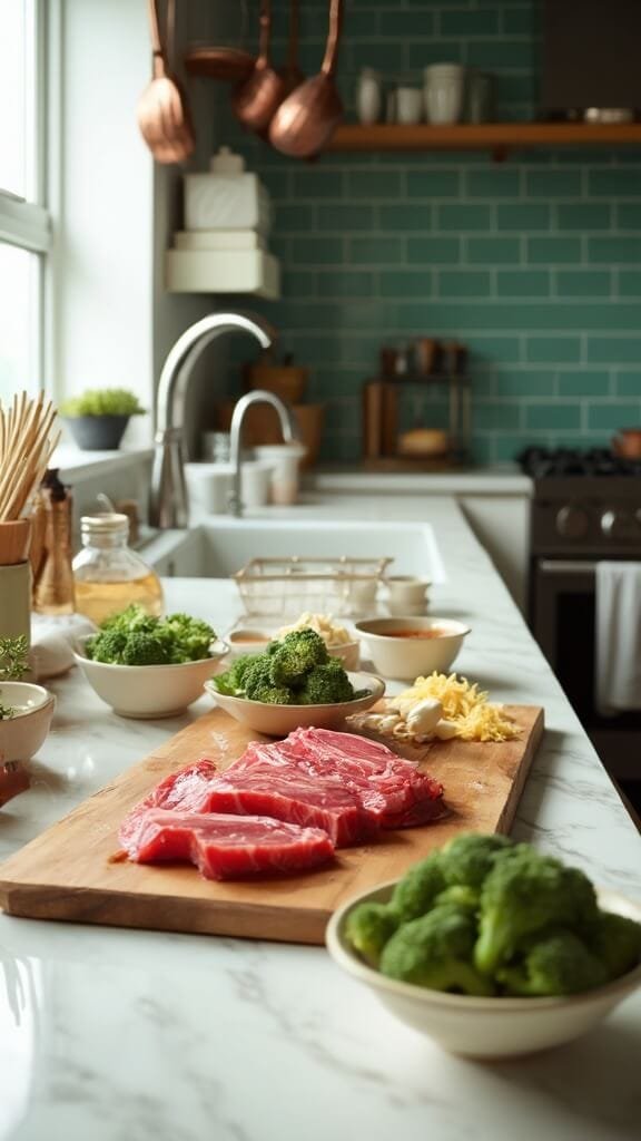 Sugar-Free Beef And Broccoli Stir-Fry 3 Thinly sliced flank steak on a wooden board in a modern kitchen with prep bowls of broccoli, garlic, and ginger, under natural daylight.