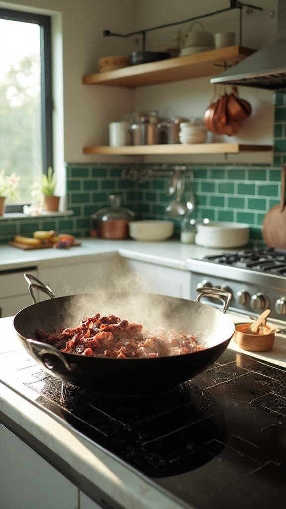 Sugar-Free Beef And Broccoli Stir-Fry 4 Modern kitchen with green subway tile backsplash, preparing thinly sliced beef in a hot wok on a stainless steel stove under natural daylight.